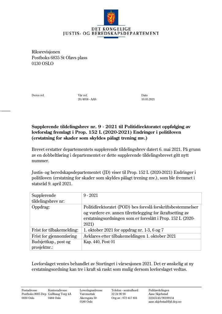 Forsiden av dokumentet Tildelingsbrev Politidirektoratet 2021 - tillegg nr. 9