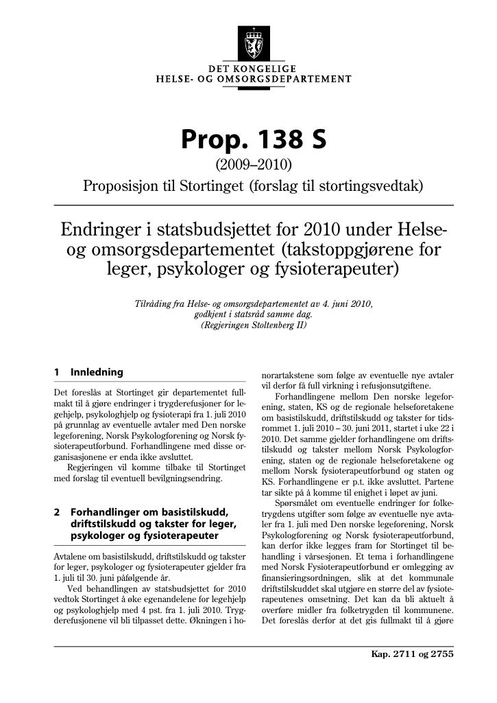 Forsiden av dokumentet Prop. 138 S (2009-2010)