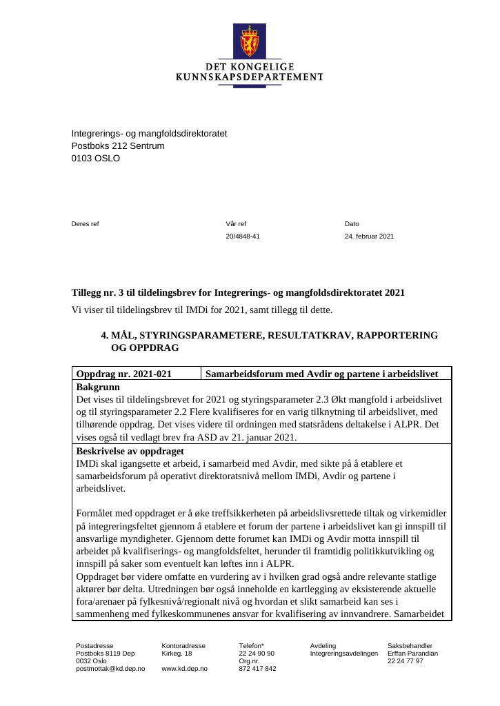 Forsiden av dokumentet Tildelingsbrev Integrerings- og mangfoldsdirektoratet (IMDi) 2021 - tillegg nr. 3