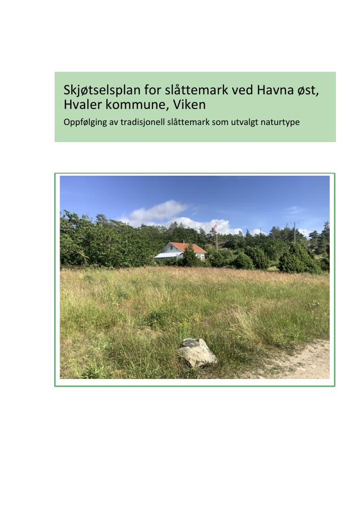 Forsiden av dokumentet Skjøtselsplan for slåttemark ved Havna øst, Hvaler kommune, Viken