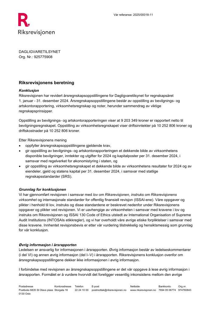 Forsiden av dokumentet Revisjonsberetning Dagligvaretilsynet 2024