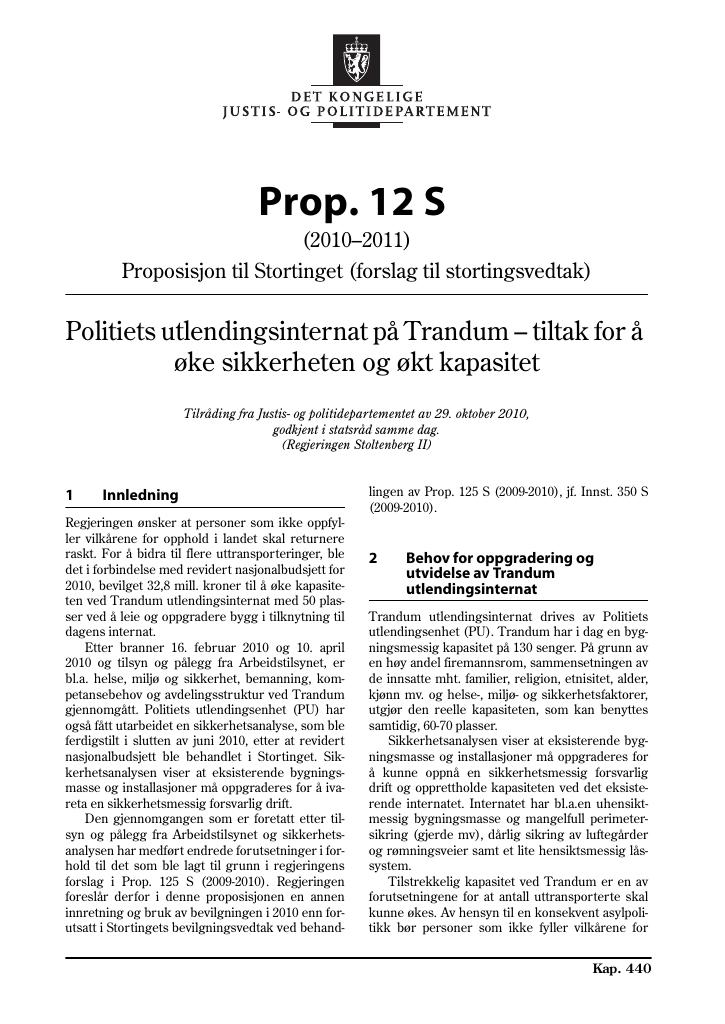 Forsiden av dokumentet Prop. 12 S  (2010–2011)