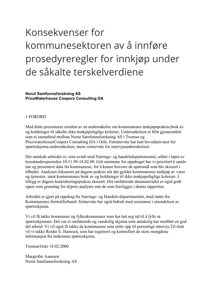 Forsiden av dokumentet Konsekvenser for kommunesektoren av å innføre prosedyreregler for innkjøp under de såkalte terskelverdiene