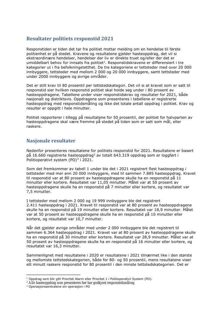 Forsiden av dokumentet Resultater politiets responstid 2021