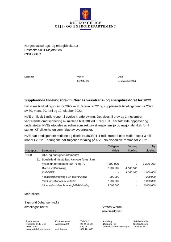 Forsiden av dokumentet Tildelingsbrev Norges vassdrags- og energidirektorat 2022 - tillegg