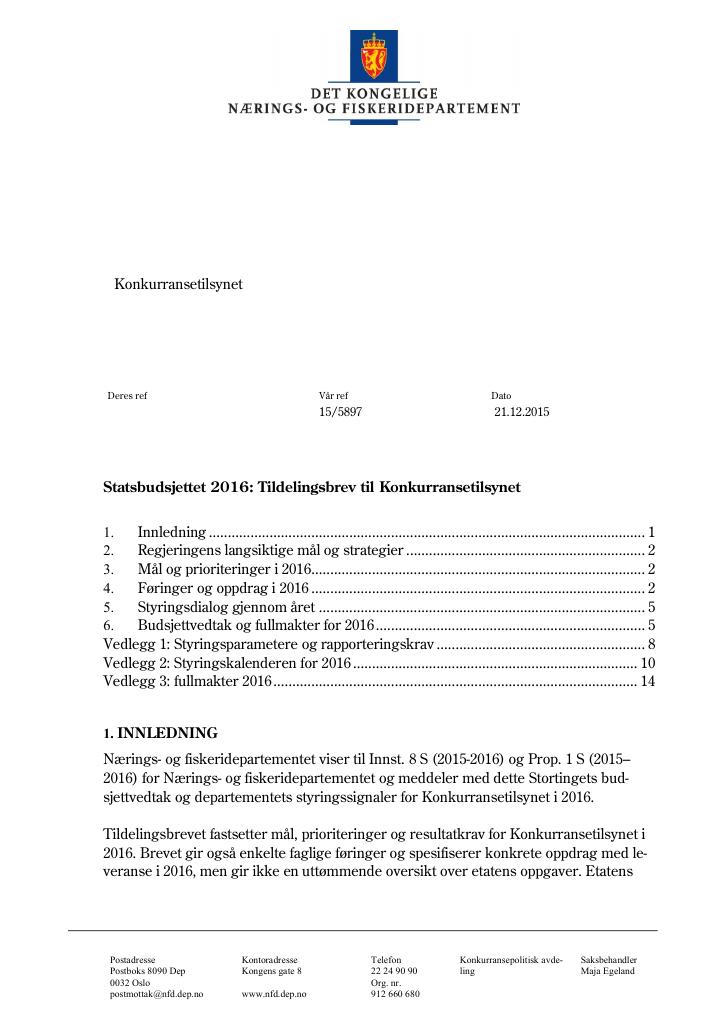Forsiden av dokumentet Tildelingsbrev