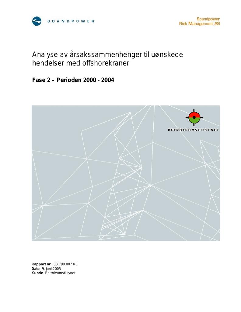 Forsiden av dokumentet Analyse av årsakssammenhenger til uønskede hendelser med offshorekraner - Fase 2 - Perioden 2000 - 2004 - Rapport 33.790.007 R1