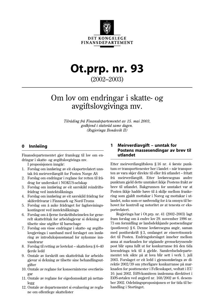 Forsiden av dokumentet Ot.prp. nr. 93 (2002-2003)