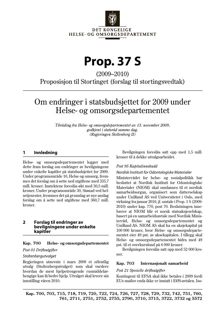 Forsiden av dokumentet Prop. 37 S (2009–2010)