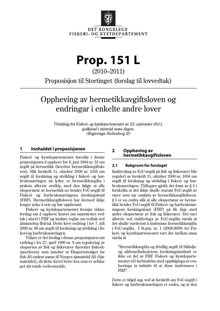 Forsiden av dokumentet Prop. 151 L (2010–2011)