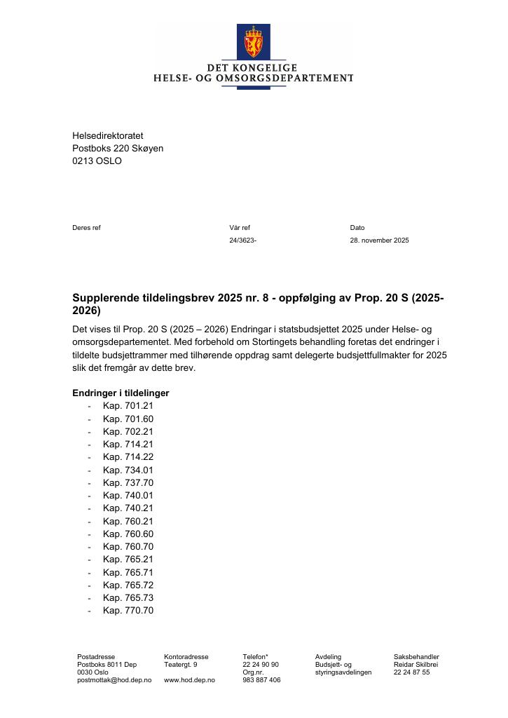 Forsiden av dokumentet Tildelingsbrev Helsedirektoratet 2025 - tillegg nr. 8