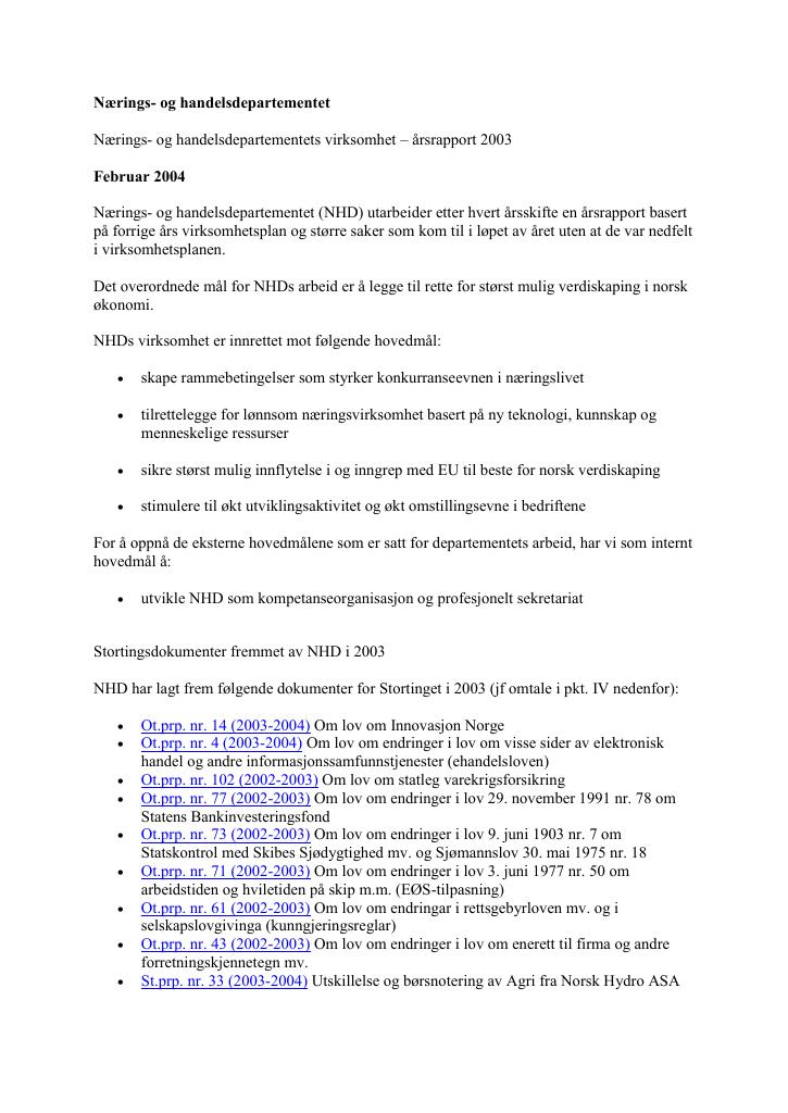 Forsiden av dokumentet Årsrapport Nærings- og handelsdepartementet 2003