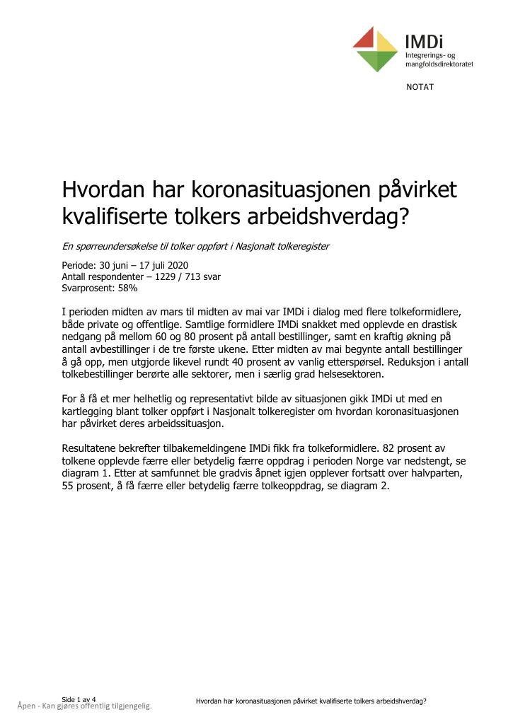Forsiden av dokumentet Hvordan har koronasituasjonen påvirket
kvalifiserte tolkers arbeidshverdag?