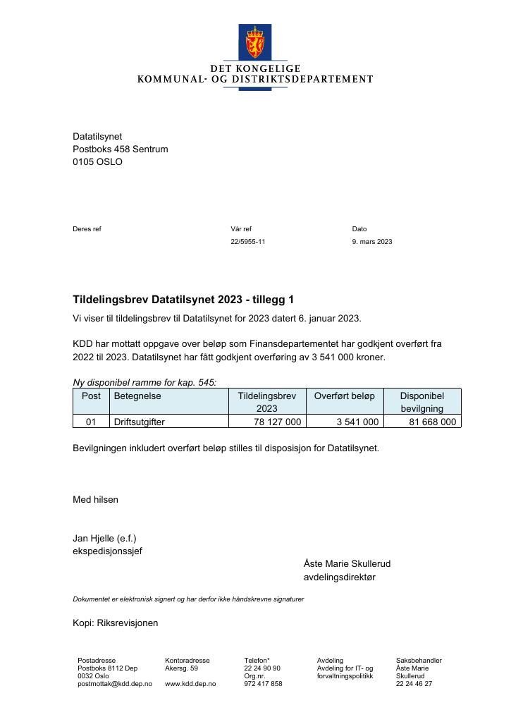 Forsiden av dokumentet Tildelingsbrev Datatilsynet 2023 - tillegg nr. 1