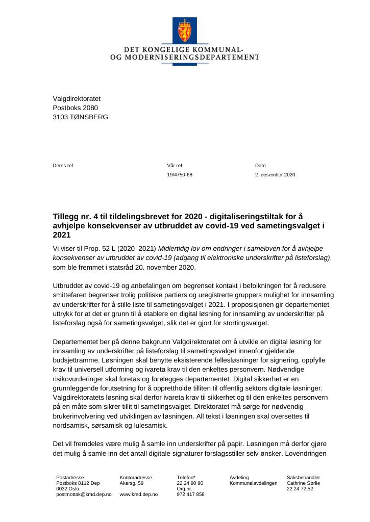 Forsiden av dokumentet Tildelingsbrev Valgdirektoratet 2020 - tillegg nr. 4