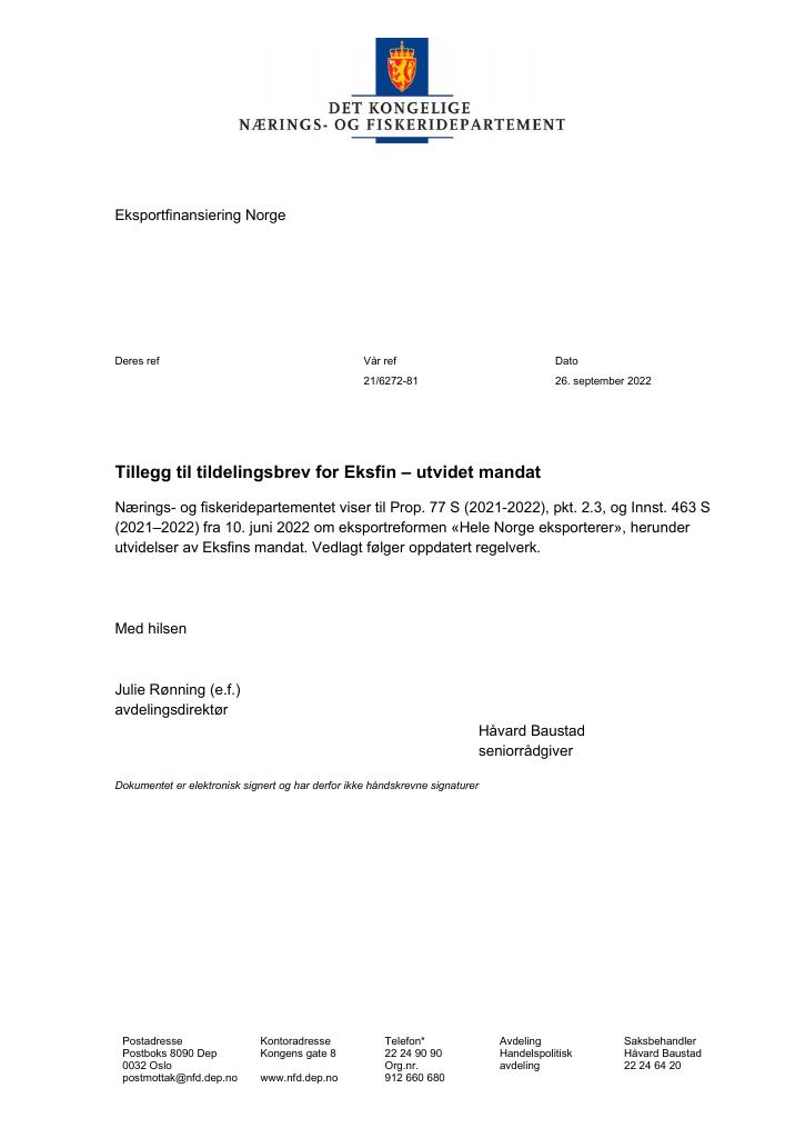 Forsiden av dokumentet Tildelingsbrev Eksportfinansiering Norge (Eksfin) 2022 - tillegg
