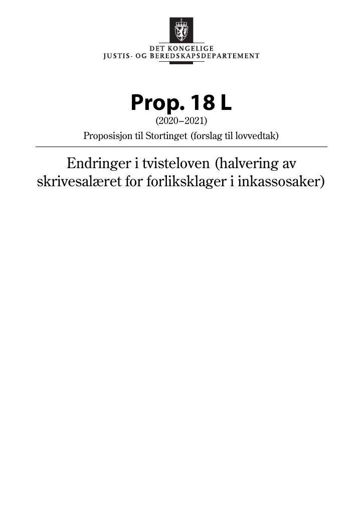 Forsiden av dokumentet Prop. 18 L (2020–2021)