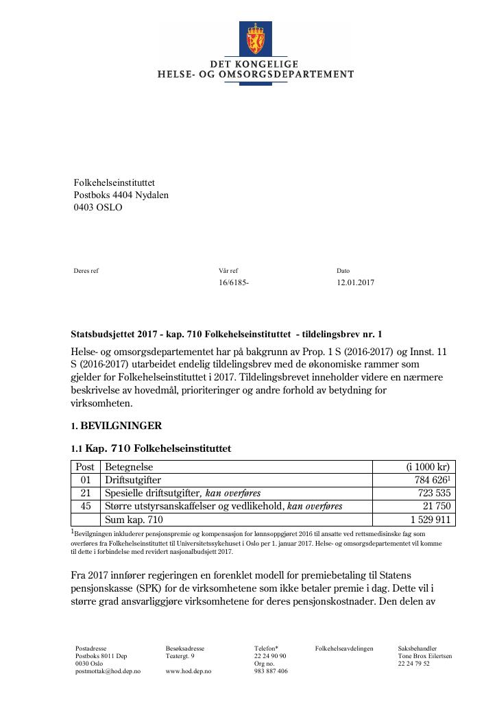 Forsiden av dokumentet Tildelingsbrev (pdf)