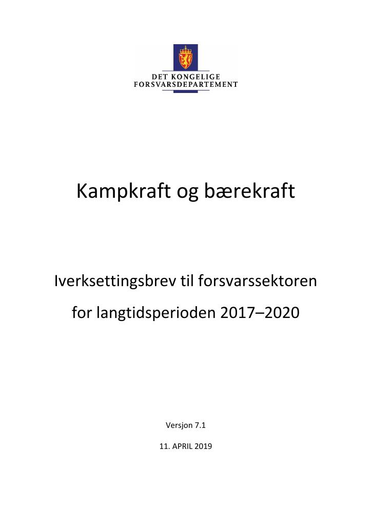 Forsiden av dokumentet Iverksettingsbrev til forsvarssektoren for langtidsperioden 2017–2020