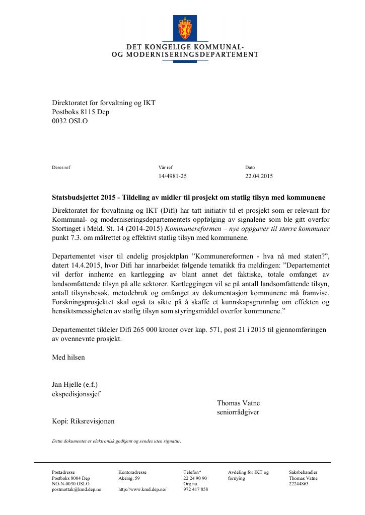 Forsiden av dokumentet tildeling av prosjektmidler, april (pdf)