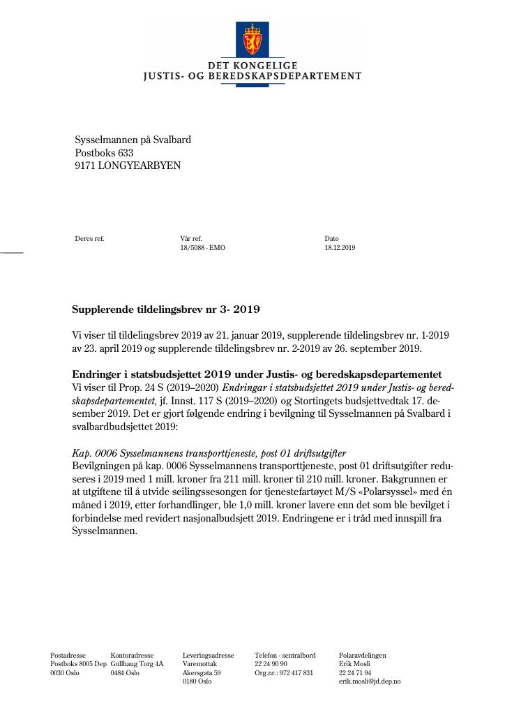 Forsiden av dokumentet Supplerende tildelingsbrev nr. 3 Sysselmannen på Svalbard 2019