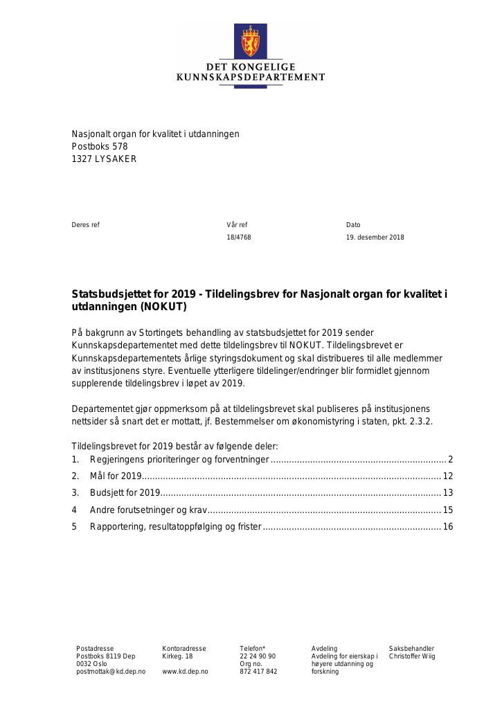 Forsiden av dokumentet Tildelingsbrev NOKUT 2019