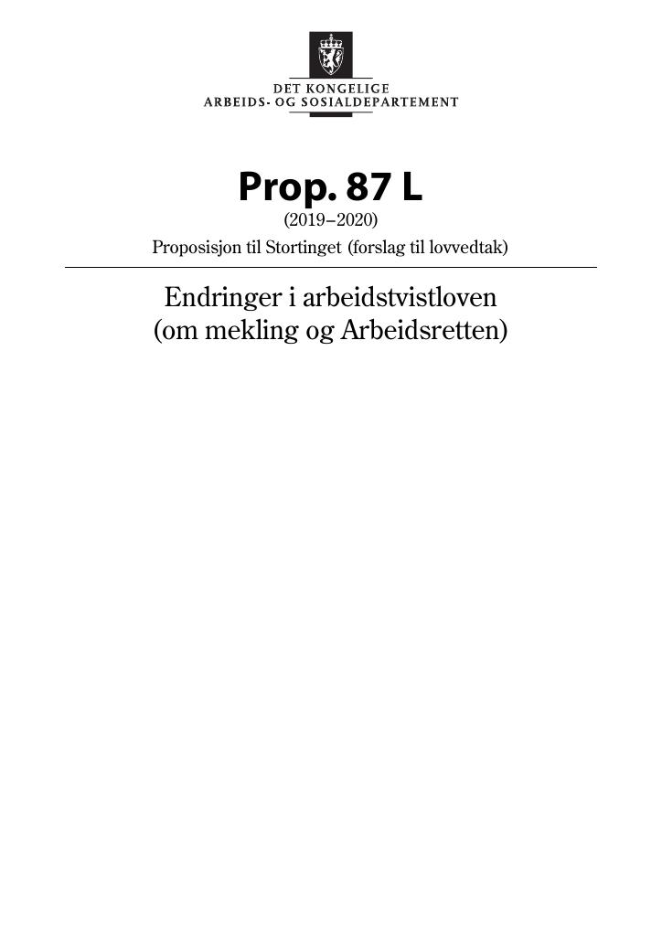 Forsiden av dokumentet Prop. 87 L (2019–2020)