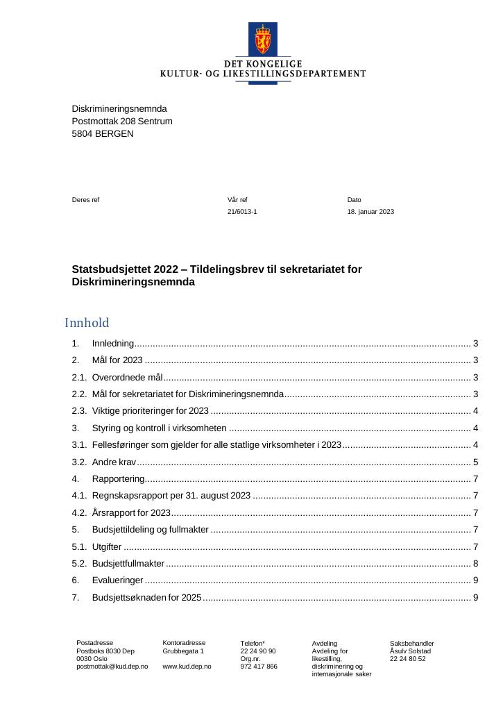 Forsiden av dokumentet Tildelingsbrev Sekretariatet for Diskrimineringsnemnda 2023