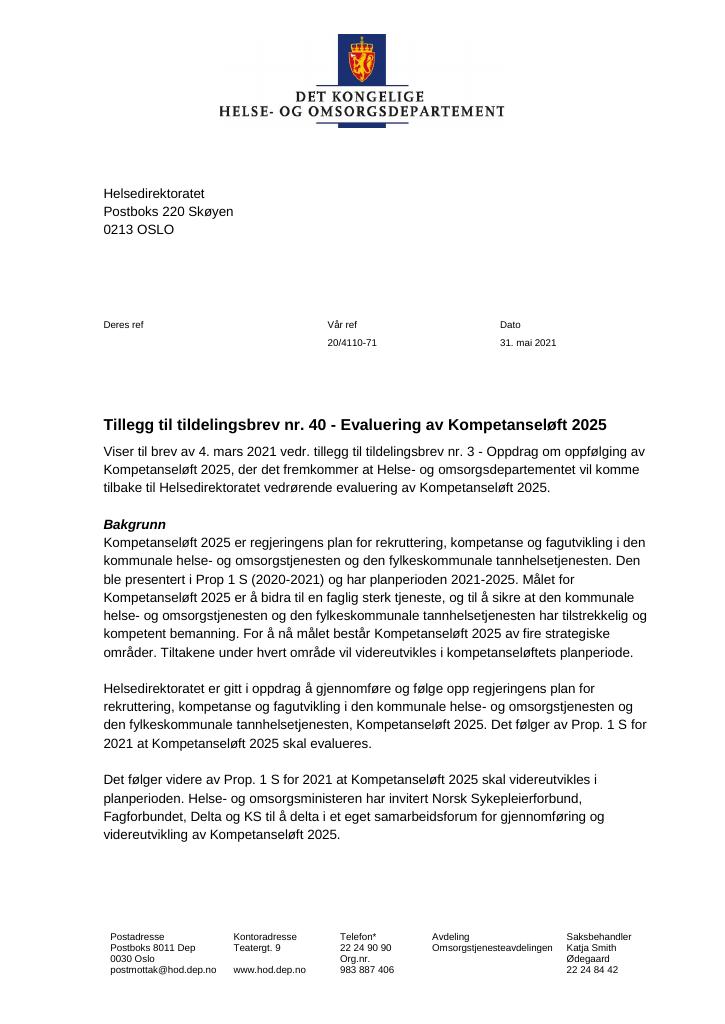 Forsiden av dokumentet Tildelingsbrev Helsedirektoratet 2021 - tillegg nr. 40