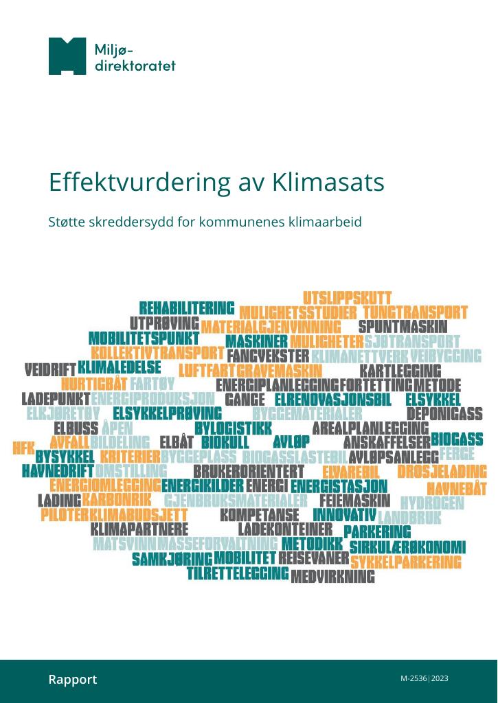 Forsiden av dokumentet Effektvurdering av Klimasats : støtte skreddersydd for kommunenes klimaarbeid