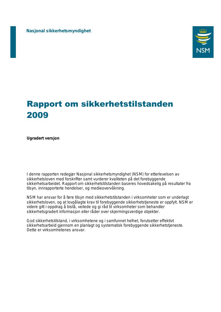 Forsiden av dokumentet Rapport om sikkerhetstilstanden 2009