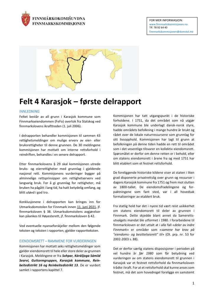 Forsiden av dokumentet Første delrapport - felt 4 Karasjok