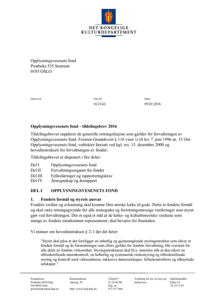 Forsiden av dokumentet Tildelingsbrev (.pdf)