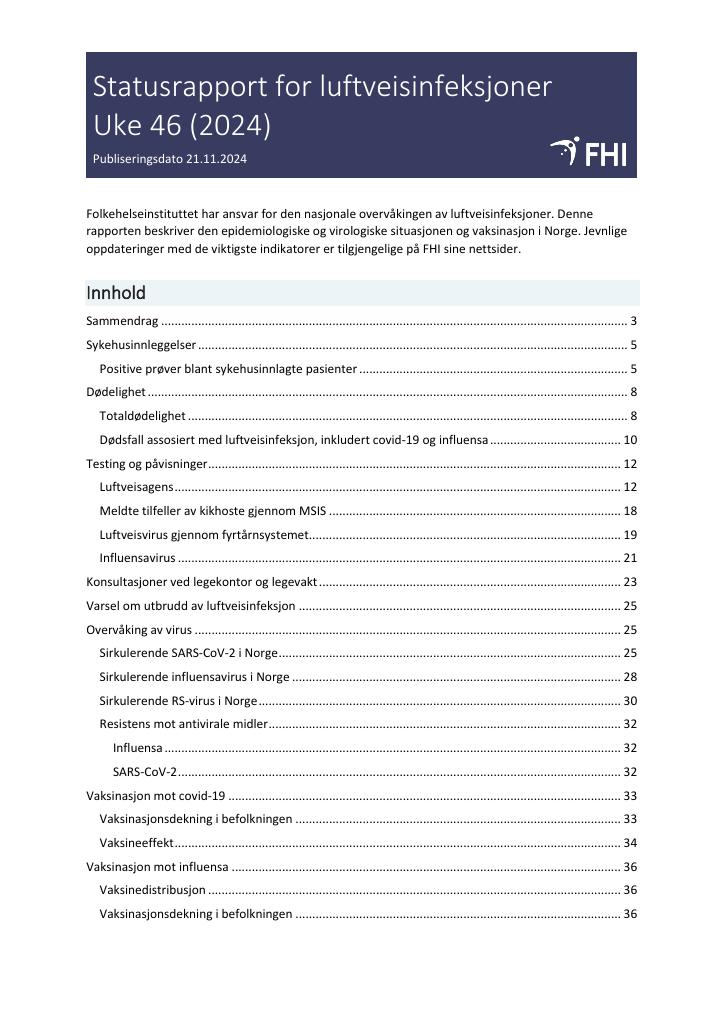 Forsiden av dokumentet Statusrapport for luftveisinfeksjoner
Uke 46 (2024)