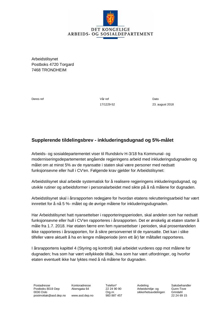 Forsiden av dokumentet Tildelingsbrev Arbeidstilsynet 2018 - tillegg nr. 4