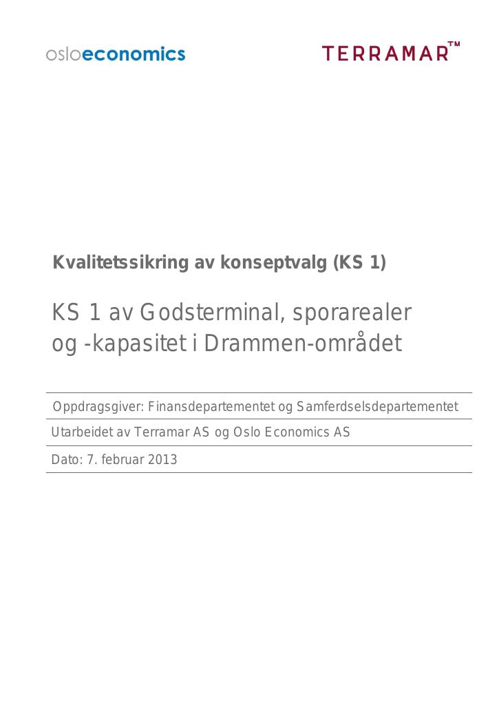 Forsiden av dokumentet Kvalitetssikring av konseptvalgsutredning for godsterminal i Drammen