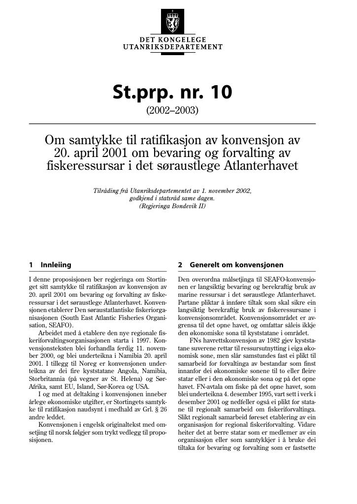 Forsiden av dokumentet St.prp. nr. 10 (2002-2003)