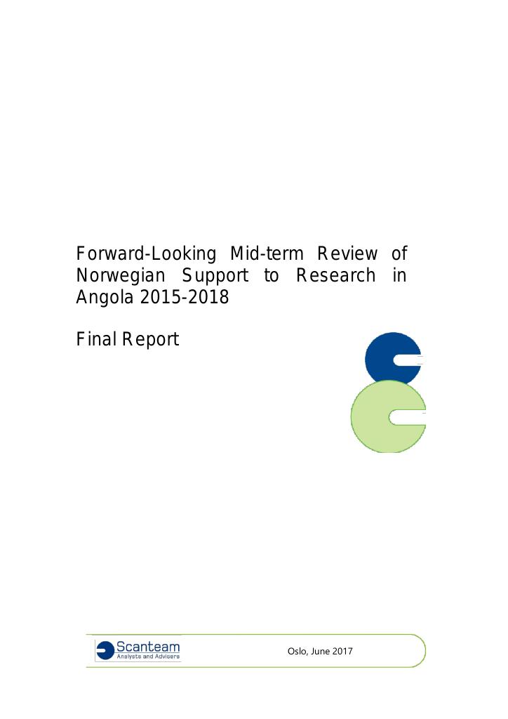 Forsiden av dokumentet Forward-Looking Mid-term Review of Norwegian Support to Research in Angola 2015-2018