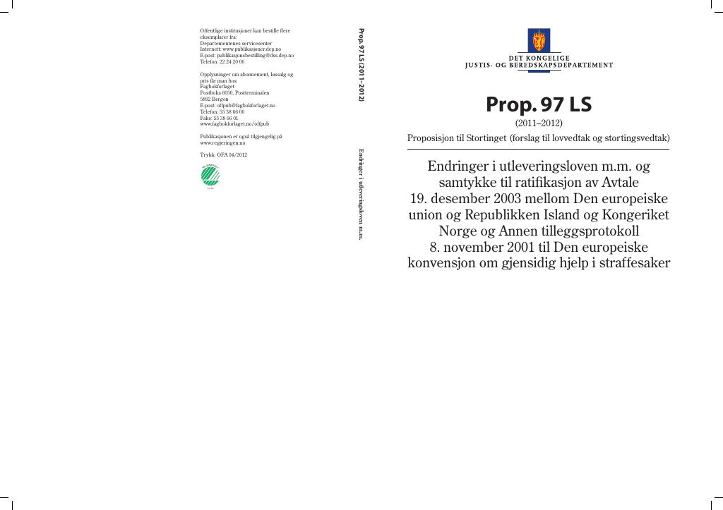 Forsiden av dokumentet Prop. 97 LS (2011–2012)