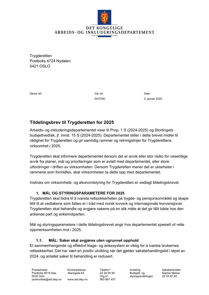 Forsiden av dokumentet Tildelingsbrev Trygderetten 2025