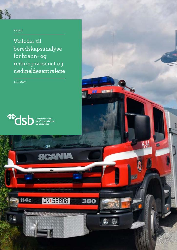 Forsiden av dokumentet Veileder i beredskapsanalyse for brann- og redningsvesenet og nødmeldesentraler inkludert maler