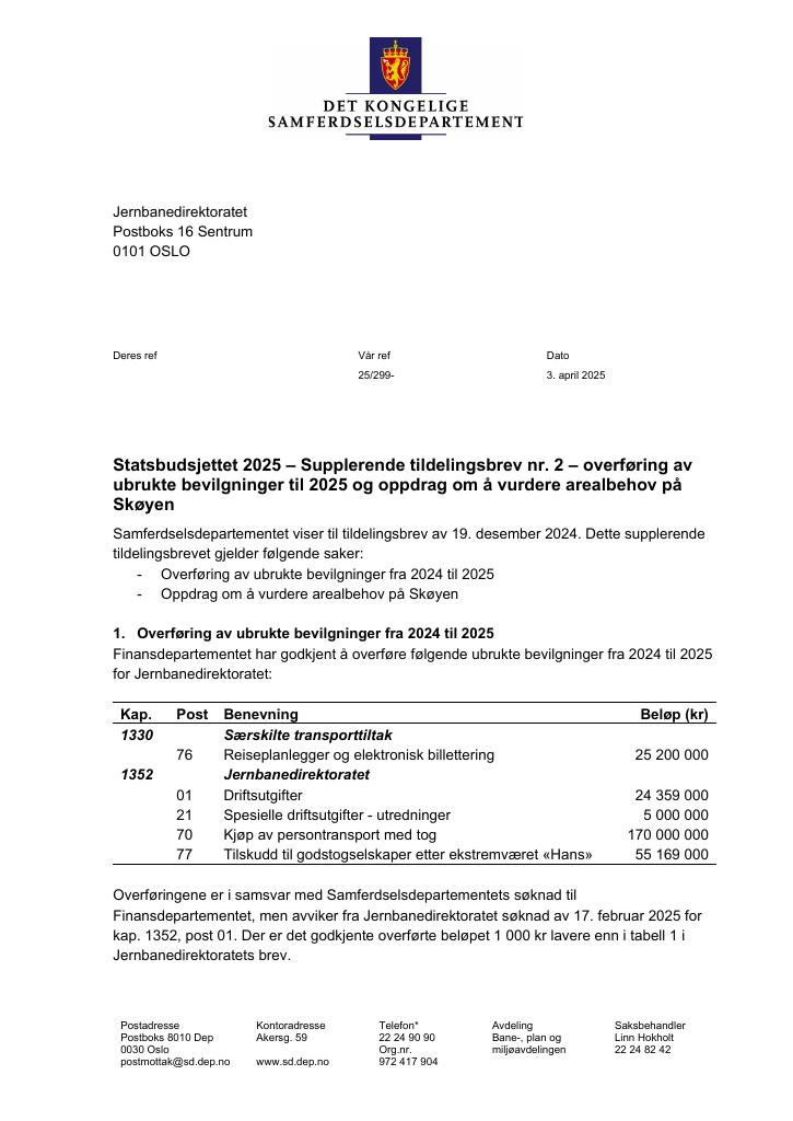 Forsiden av dokumentet Tildelingsbrev Jernbanedirektoratet 2025 - tillegg nr. 2
