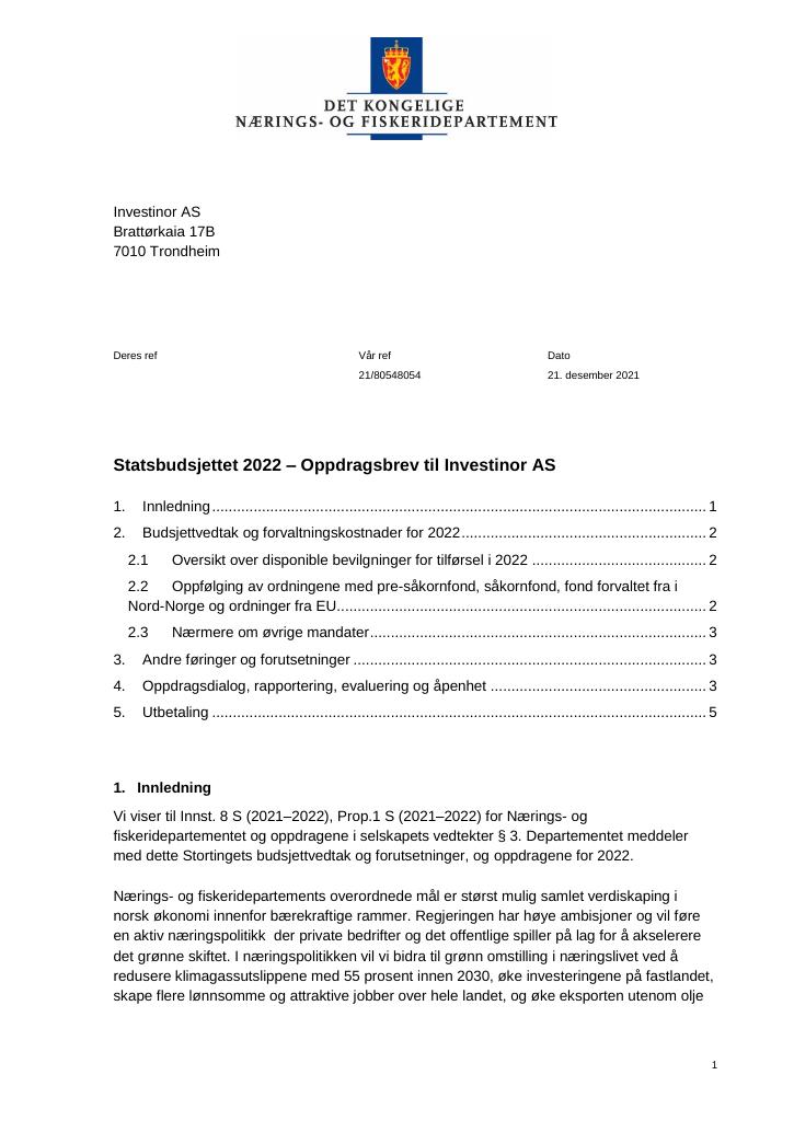 Forsiden av dokumentet Oppdragsbrev Investinor AS 2022