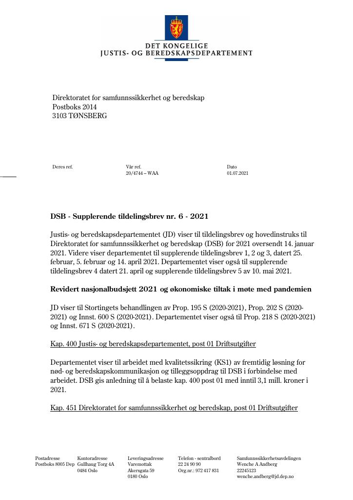 Forsiden av dokumentet Tildelingsbrev Direktoratet for samfunnssikkerhet og beredskap 2021 - tillegg nr. 6