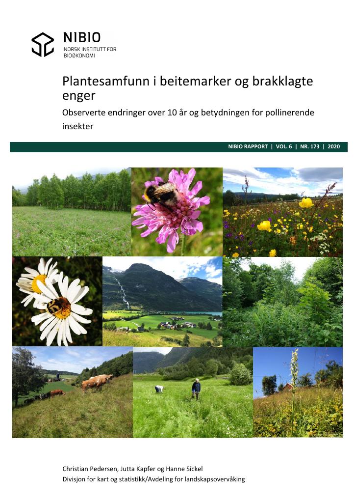 Forsiden av dokumentet Plantesamfunn i beitemarker og brakklagte enger : observerte endringer over 10 år og betydningen for pollinerende insekter