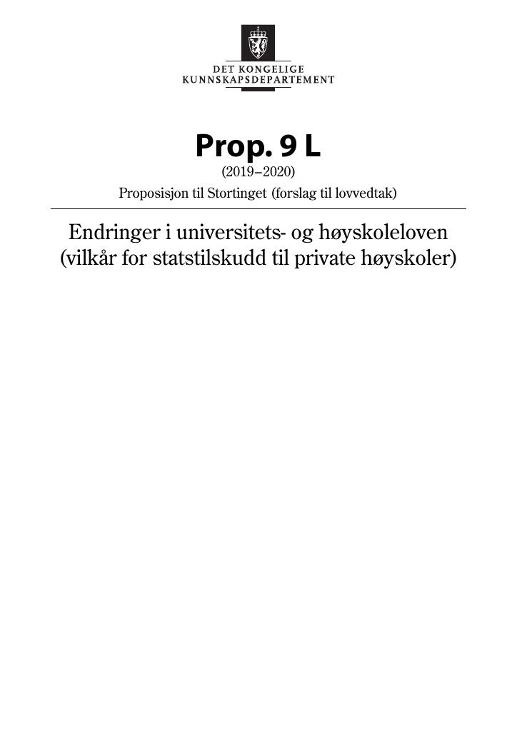 Forsiden av dokumentet Prop. 9 L (2019–2020)