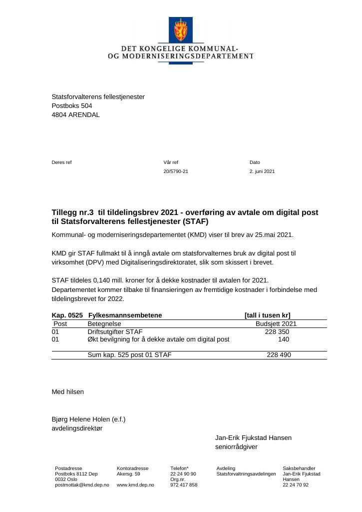 Forsiden av dokumentet Tildelingsbrev Statsforvalterens fellestjenester 2021 - tillegg nr. 3