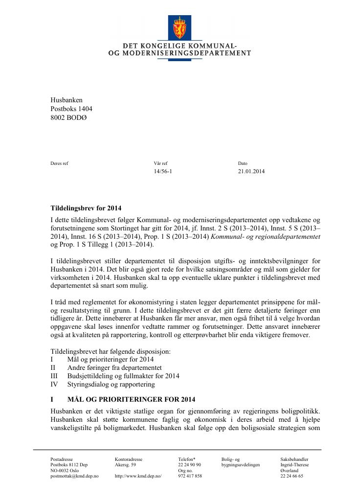 Forsiden av dokumentet Tildelingsbrev (pdf)