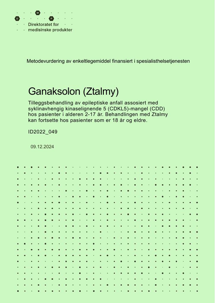 Forsiden av dokumentet Ganaksolon (Ztalmy) : Tilleggsbehandling av epileptiske anfall assosiert med syklinavhengig kinaselignende 5 (CDKL5)-mangel (CDD) hos pasienter i alderen 2-17 år
