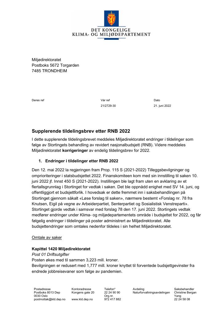 Forsiden av dokumentet Tildelingsbrev Miljødirektoratet 2022 - tillegg
